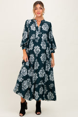 Forest Green Floral V-Neck 3/4 Sleeve Maternity Midi Dress