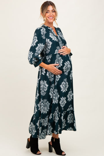 Forest Green Floral V-Neck 3/4 Sleeve Maternity Midi Dress