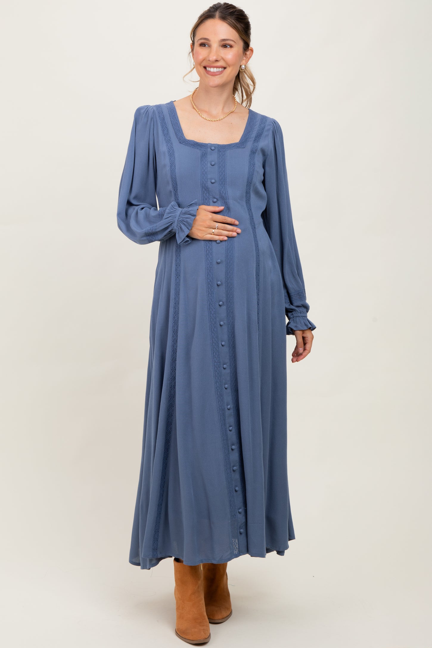 Blue Lace Detail Button Down Maternity Maxi Dress