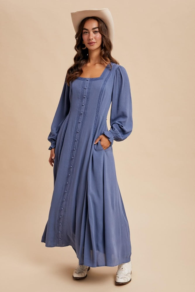 Blue Lace Detail Button Down Maxi Dress