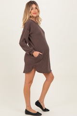 Brown Rib Knit Long Sleeve Maternity Dress