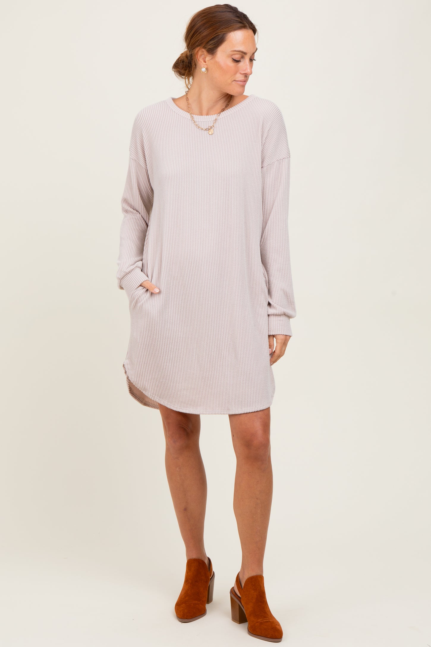 Beige Rib Knit Long Sleeve Dress
