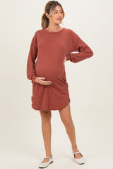 Rust Rib Knit Long Sleeve Maternity Dress