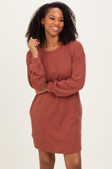 Rust Rib Knit Long Sleeve Dress