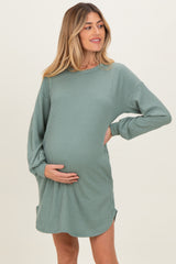 Light Olive Rib Knit Long Sleeve Maternity Dress