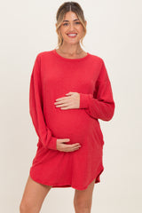 Red Rib Knit Long Sleeve Maternity Dress