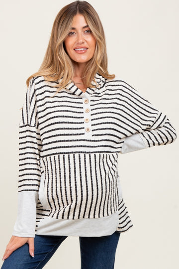 Cream Textured Stripe Button Up Maternity Hoodie