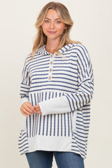 Light Navy Textured Stripe Button Up Maternity Hoodie