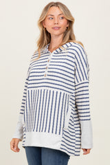 Light Navy Textured Stripe Button Up Hoodie