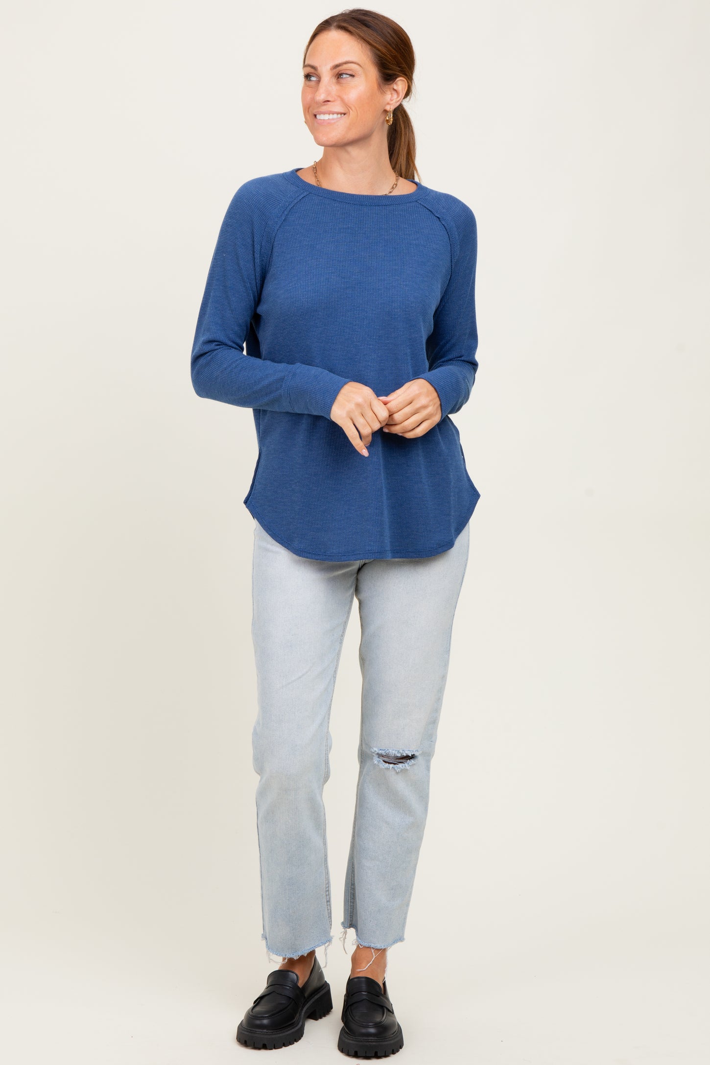 Light Navy Baby Waffle Knit Long Sleeve Top