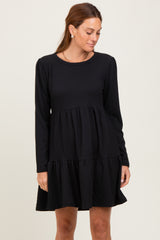 Black Textured Rib Tiered Long Sleeve Dress