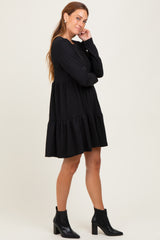 Black Textured Rib Tiered Long Sleeve Dress