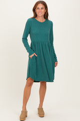 Forest Green Textured Rib Tiered Long Sleeve Dress