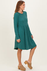 Forest Green Textured Rib Tiered Long Sleeve Dress