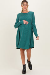 Forest Green Textured Rib Tiered Long Sleeve Maternity Dress