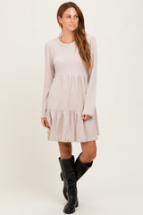Beige Textured Rib Tiered Long Sleeve Dress