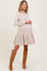 Beige Textured Rib Tiered Long Sleeve Maternity Dress