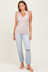 Mocha/Off White Striped Ribbed V-Neck Shoulder Tie Sleeveless Top