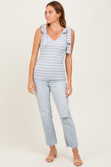 Heather Grey/Off White Striped Ribbed V-Neck Shoulder Tie Sleeveless Top