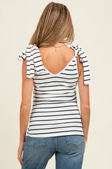 Ivory/Black Striped Ribbed V-Neck Shoulder Tie Sleeveless Maternity Top