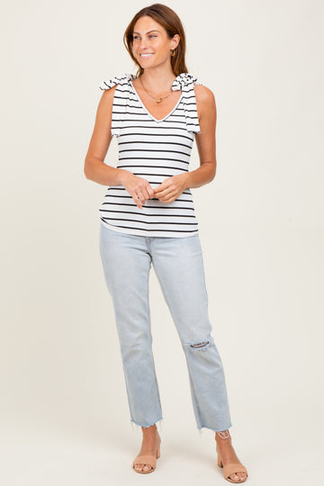 Ivory/Black Striped Ribbed V-Neck Shoulder Tie Sleeveless Top