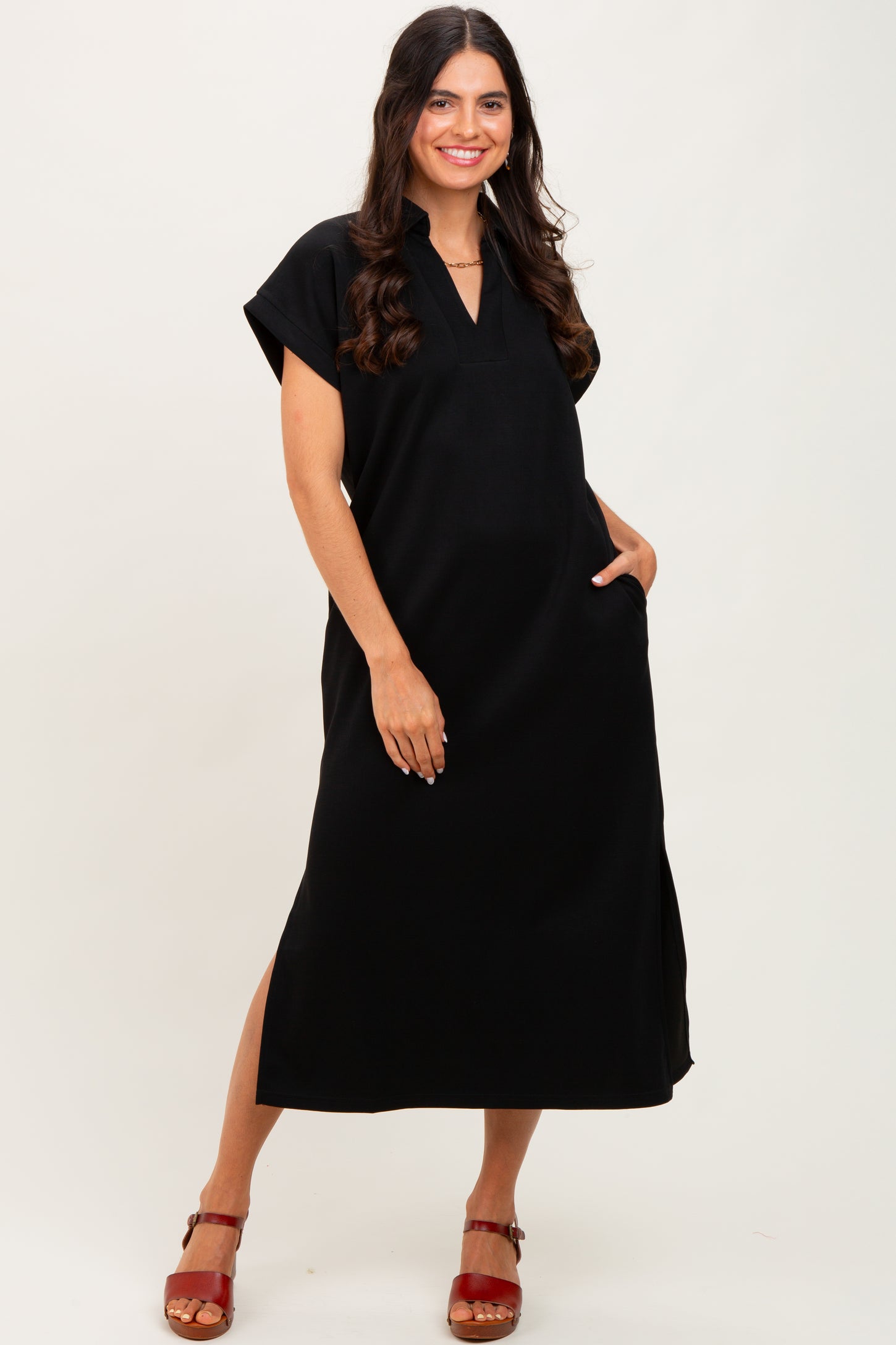 Black Collared Short Sleeve Midi Dress