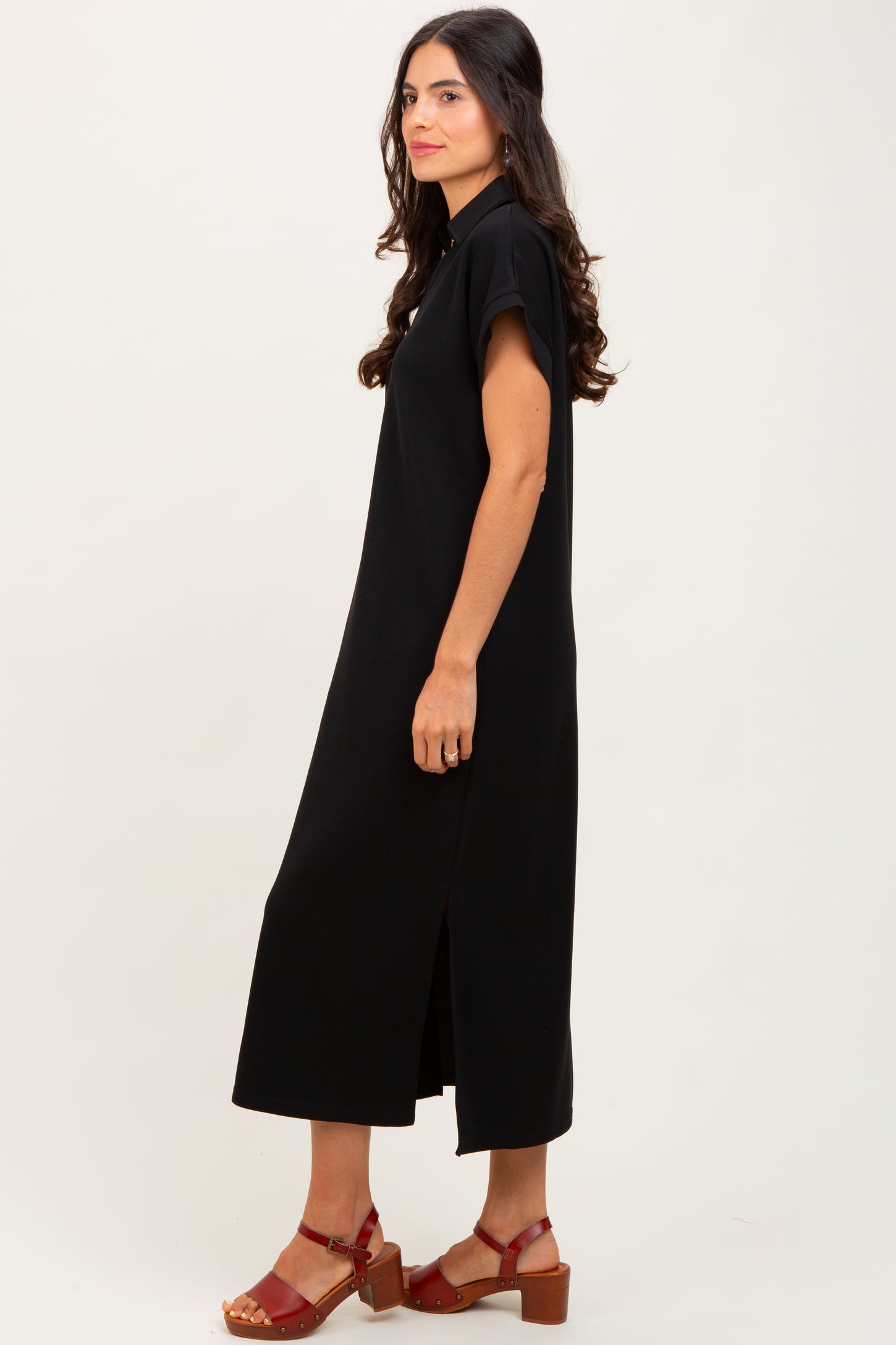 Black Collared Short Sleeve Midi Dress