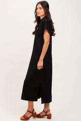 Black Collared Short Sleeve Midi Dress