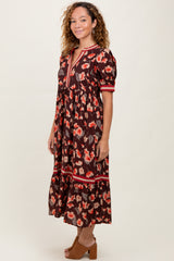 Brown Floral Contrast Trim Midi Dress