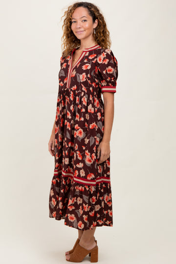 Brown Floral Contrast Trim Midi Dress