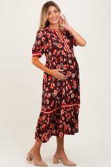 Brown Floral Contrast Trim Maternity Midi Dress