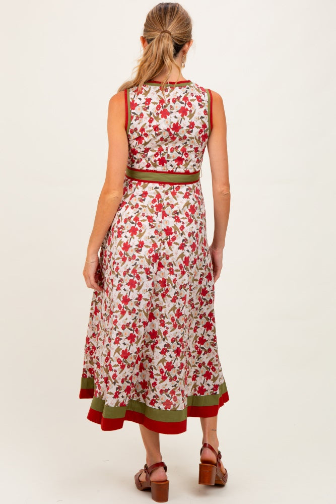 Cream Floral Contrast Trim Sleeveless Maternity Midi Dress