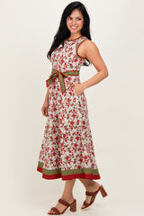 Cream Floral Contrast Trim Sleeveless Midi Dress