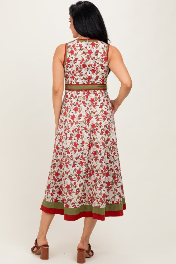 Cream Floral Contrast Trim Sleeveless Midi Dress