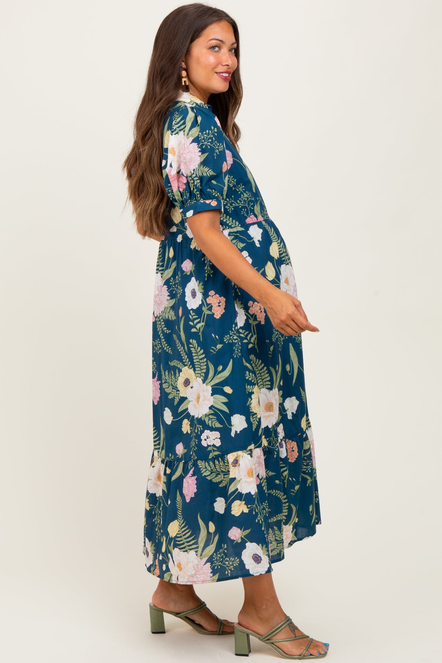 Deep Teal Floral Puff Sleeve Button Down Maternity Midi Dress