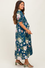Deep Teal Floral Puff Sleeve Button Down Maternity Midi Dress