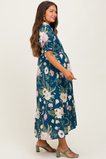 Deep Teal Floral Puff Sleeve Button Down Maternity Midi Dress