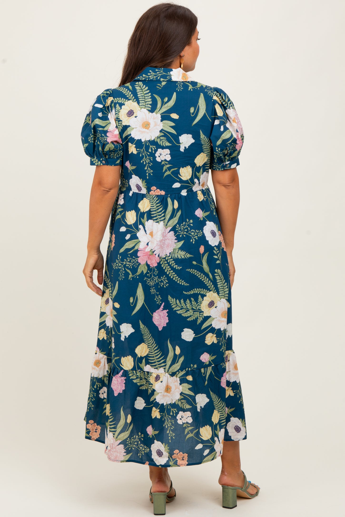 Deep Teal Floral Puff Sleeve Button Down Maternity Midi Dress