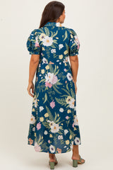 Deep Teal Floral Puff Sleeve Button Down Maternity Midi Dress