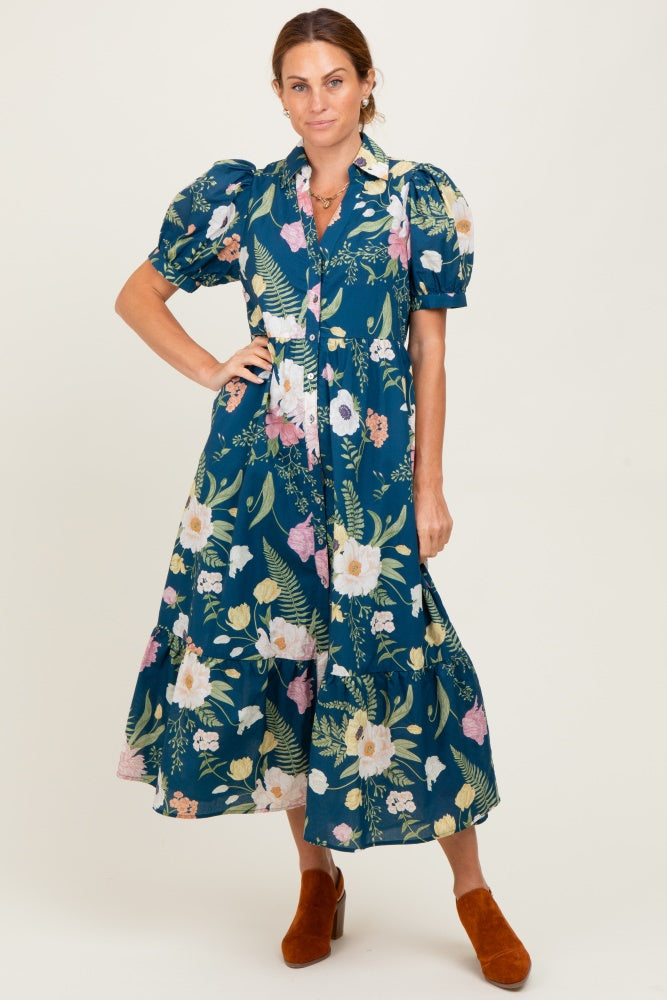 Deep Teal Floral Puff Sleeve Button Down Midi Dress
