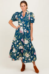 Deep Teal Floral Puff Sleeve Button Down Midi Dress