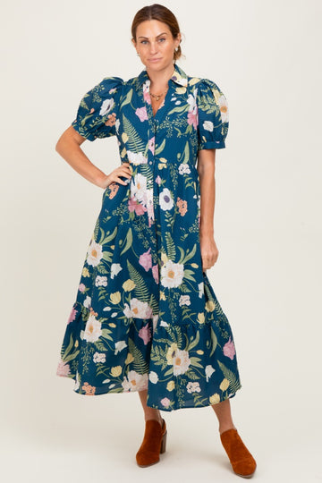 Deep Teal Floral Puff Sleeve Button Down Midi Dress