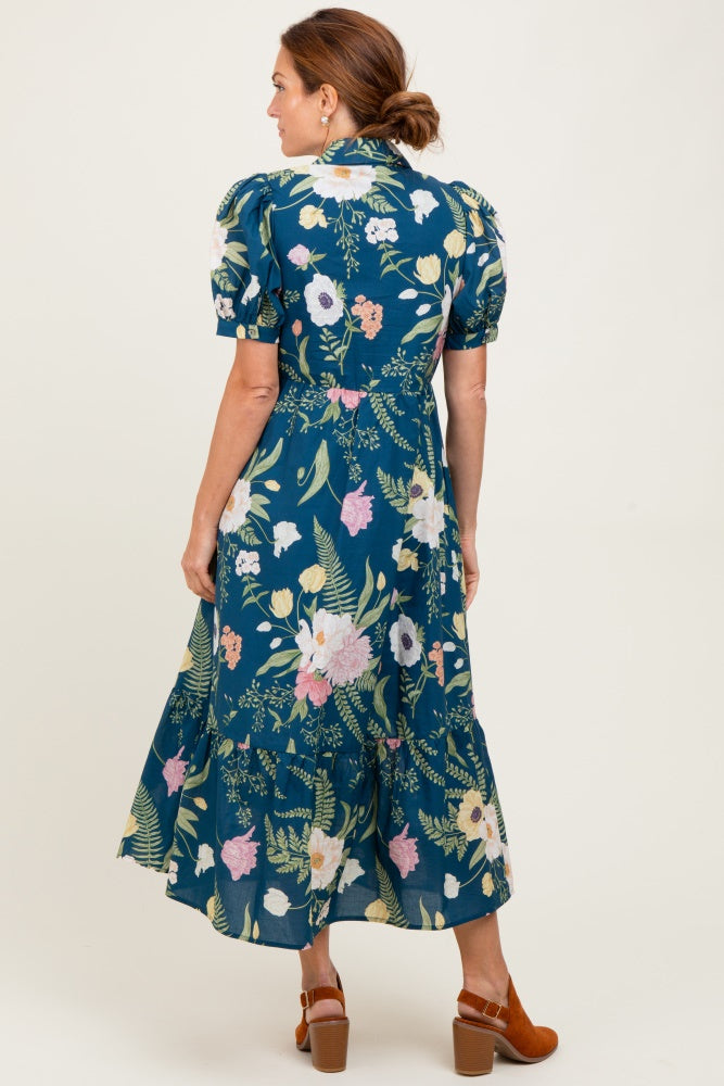 Deep Teal Floral Puff Sleeve Button Down Midi Dress