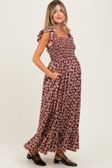 Brown Floral Smocked Maternity Midi Dress