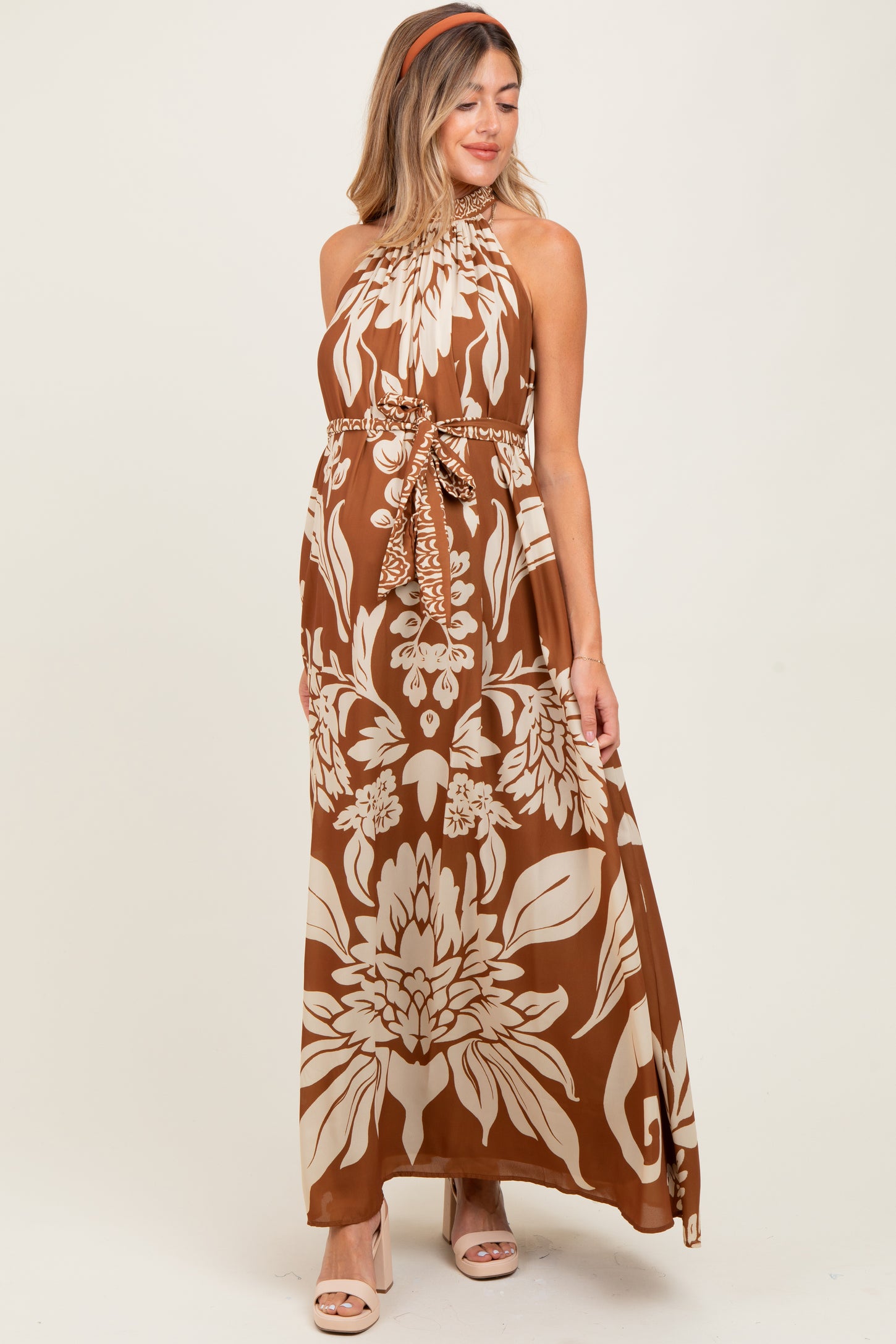 Camel Floral Halter Sleeveless Maternity Maxi Dress