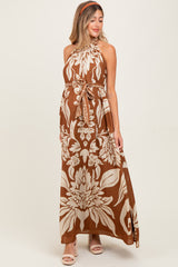 Camel Floral Halter Sleeveless Maternity Maxi Dress