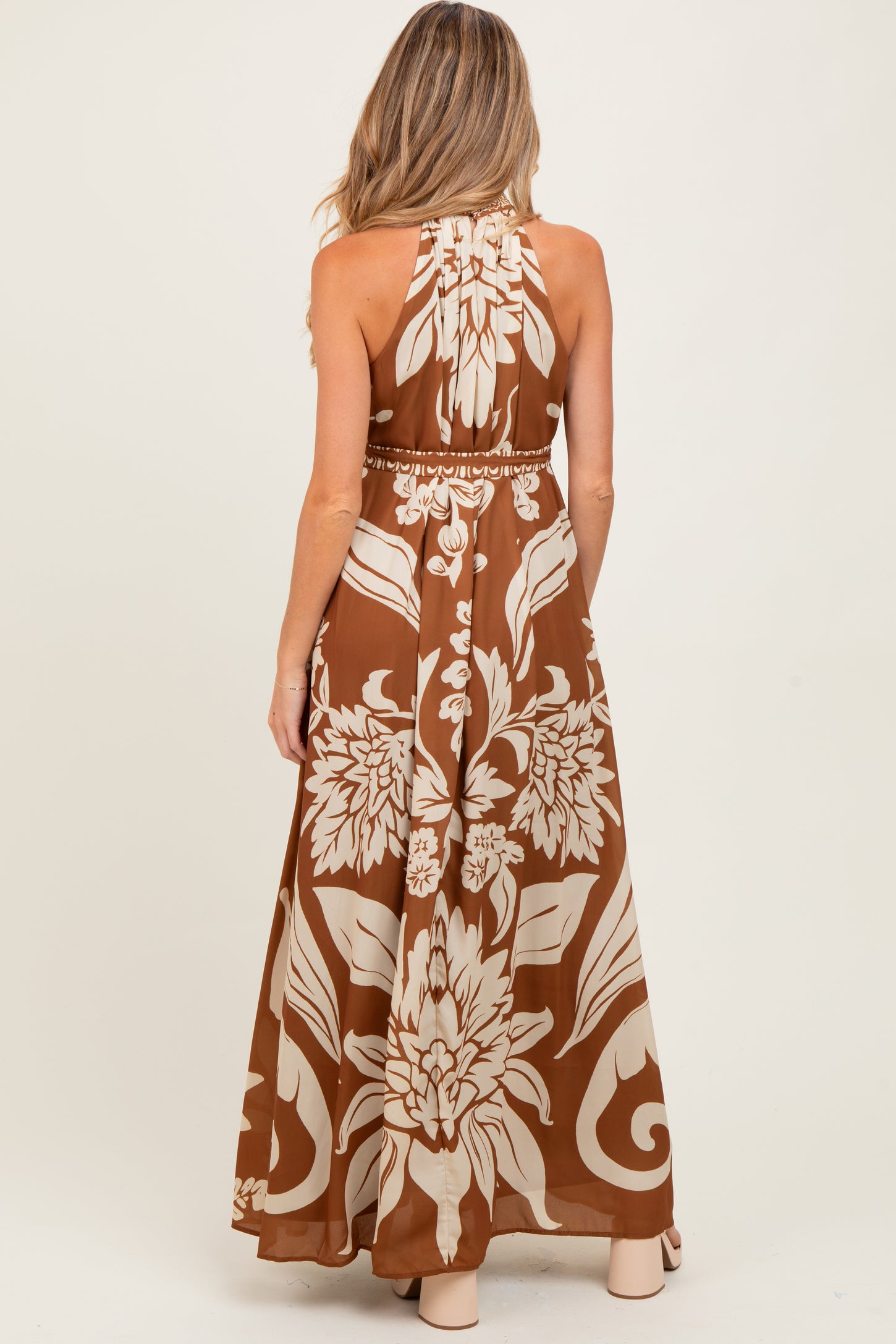 Camel Floral Halter Sleeveless Maternity Maxi Dress