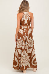 Camel Floral Halter Sleeveless Maternity Maxi Dress