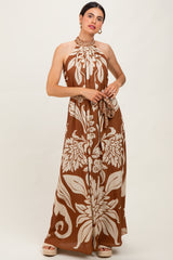 Camel Floral Halter Sleeveless Maxi Dress