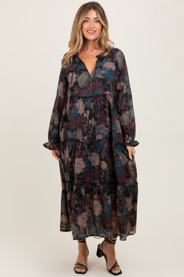 Black Floral Chiffon Ruffle Tiered Maternity Midi Dress